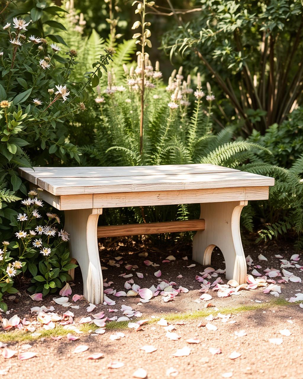 A pale wooden bench surrounded by wildflowers, ferns, and soft petals